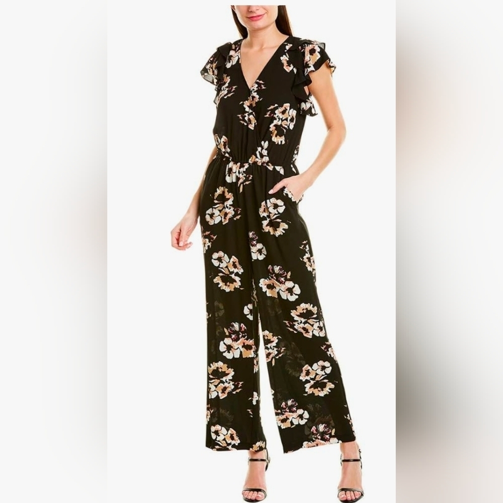 1.STATE Women's Flounce Sleeve Floral Mirage Wrap Jumpsuit